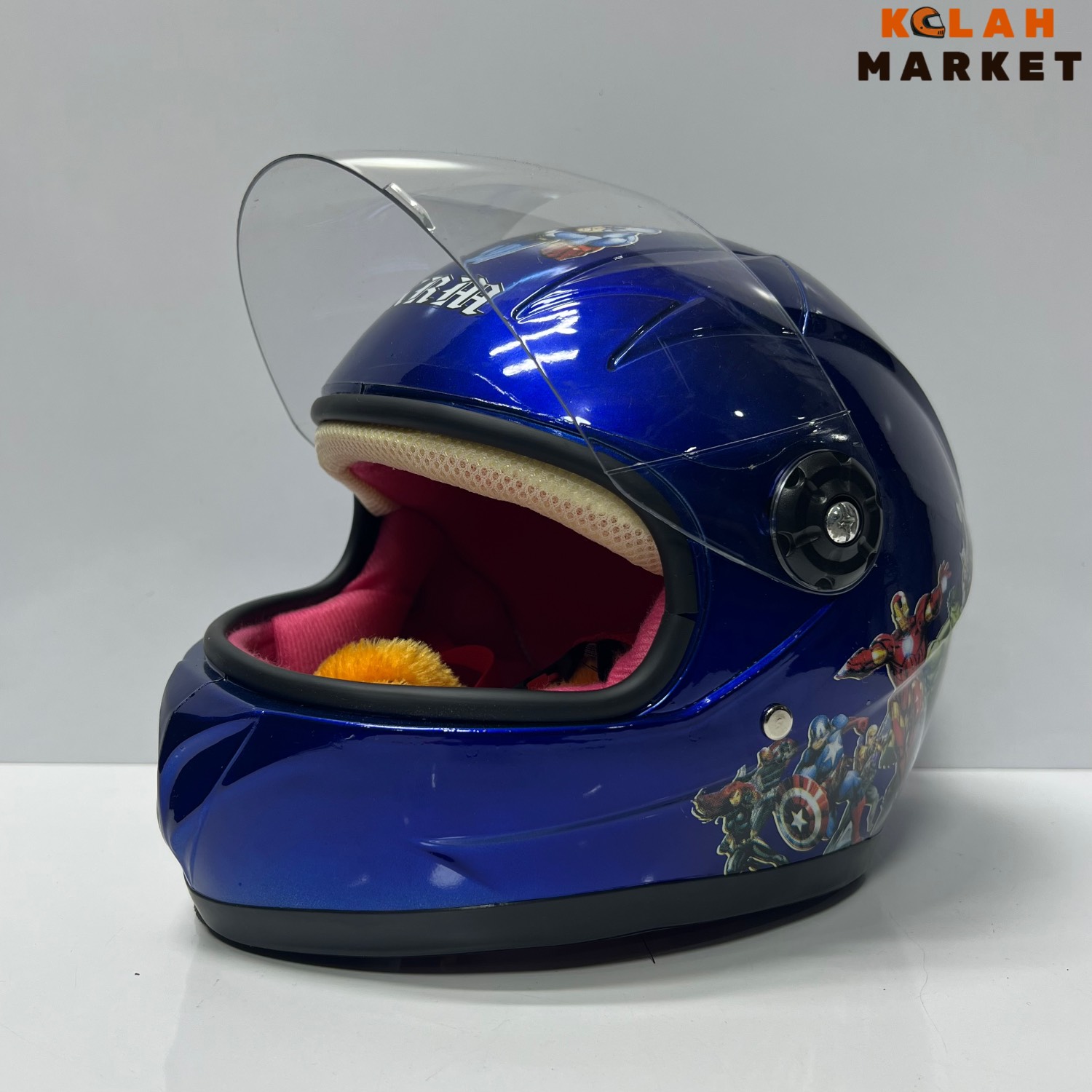 کلاه کاسکت بچگانه فک ثابت gengle شال دار آبی طرح ironman - Image 3